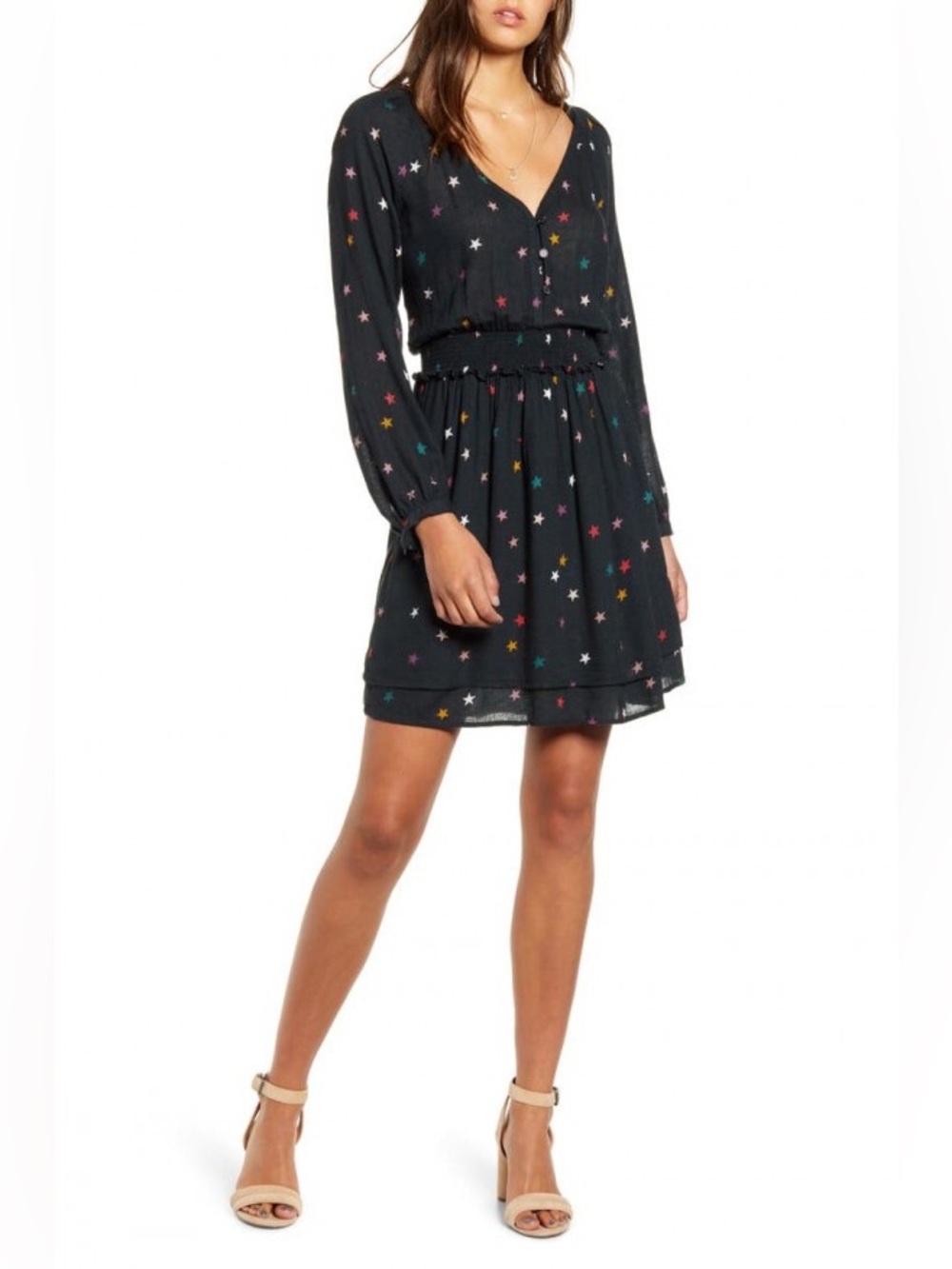 Rails hazel onyx rainbow Star Print Long-Sleeve Smocked Waist Dress